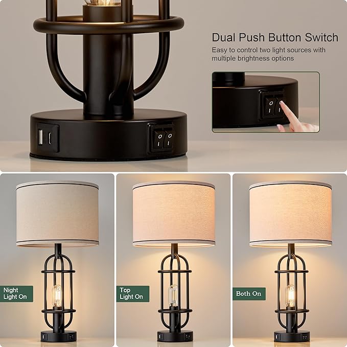 Black Table Lamps for Living Room Set of 2, 22.3" Farmhouse Lamps for Nightstand, Industrial Table Lamps for Bedroom with USB Ports, Bulbs Included