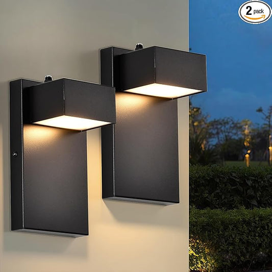 Alighting Dusk to Dawn Modern Outdoor Wall Lights 2-Pack, Black LED Exterior Wall Sconces 3000K Warm White, Weatherproof Rust-Resistant Outdoor Light Fixtures for Porch, Patio, Garage, Entryway