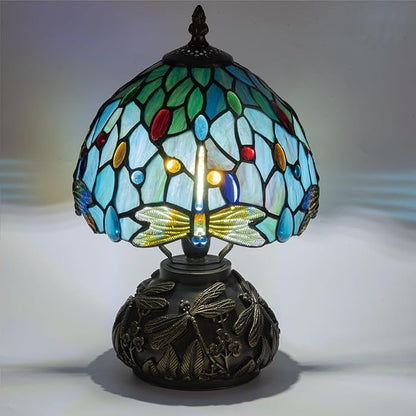 Tiffany Style Stained Glass Mushroom Bedside Table Lamp 8-inch Green Blue Dragonfly Beautiful Shade Nightstand Light for Bedroom Dorm Living Hallway Coffee Table Home Office Housewarming Gift