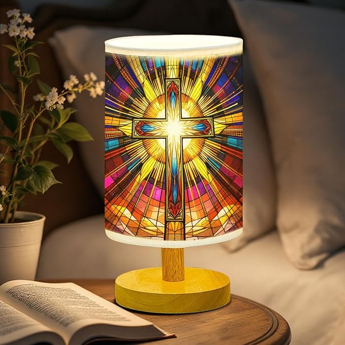 Cross Table Lamp LED 3-Color Pressed Bedside, Cross Shade Lamp with Wood Base for Bedroom Living Room Desk Office TL01