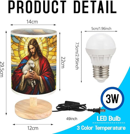 Jesus and The Lamb Table Lamp LED 3-Color Pressed Bedside, Jesus and The Lamb Shade Lamp with Wood Base for Bedroom Living Room Desk Office TL01