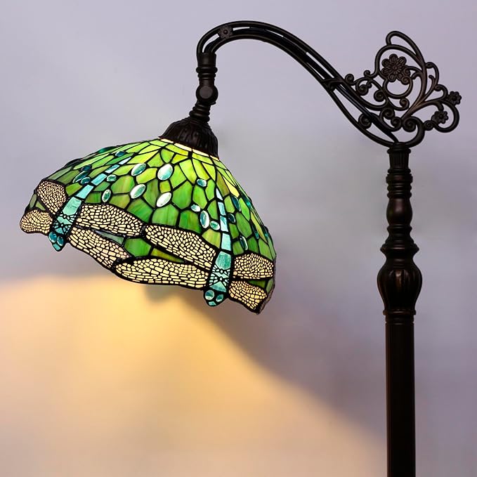 Tiffany Floor Lamp Stained Glass Lamp 18.88X12X67 Inch Angle Adjustable Arched Gooseneck Antique Reading Light (Green Dragonfly)