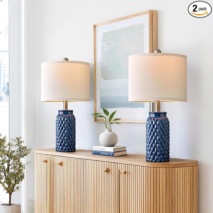 20.5" Set of 2 Bedside Table Lamps Modern Blue Honeycomb Ceramic - Linen Shade, E26 Knob Switch for Living Room, Bedroom & Nightstand