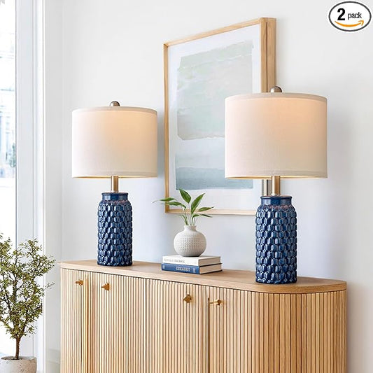 20.5" Set of 2 Bedside Table Lamps Modern Blue Honeycomb Ceramic - Linen Shade, E26 Knob Switch for Living Room, Bedroom & Nightstand