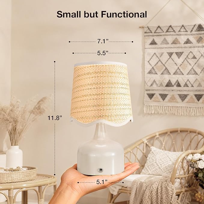 Cordless Boho Table Lamp Beige, Wicker Shade, 5200-mAh Rechargeable Battery, 3-Way Dimmable, Build-in Integrated LED 320 Lumen Max, for Bedside Living Room