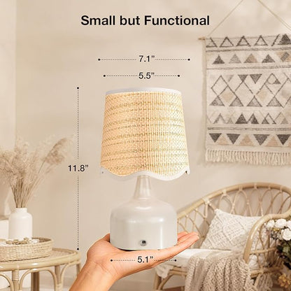 Cordless Boho Table Lamp Beige, Wicker Shade, 5200-mAh Rechargeable Battery, 3-Way Dimmable, Build-in Integrated LED 320 Lumen Max, for Bedside Living Room