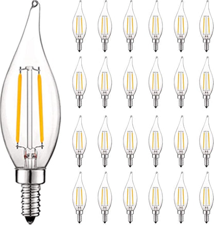LUXRITE 4W Vintage Candelabra LED Bulbs Dimmable, 400 Lumens, 2700K Warm White, LED Chandelier Light Bulbs 40W Equivalent, Flame Clear Glass, Filament LED Candle Bulb, UL Listed, E12 Base (24 Pack)