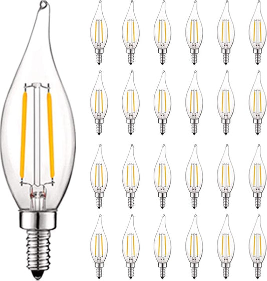 LUXRITE 4W Vintage Candelabra LED Bulbs Dimmable, 400 Lumens, 2700K Warm White, LED Chandelier Light Bulbs 40W Equivalent, Flame Clear Glass, Filament LED Candle Bulb, UL Listed, E12 Base (24 Pack)