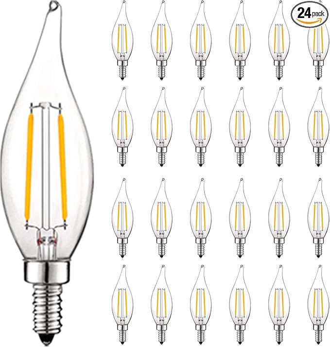 LUXRITE 4W Vintage Candelabra LED Bulbs Dimmable, 400 Lumens, 5000K Bright White, LED Chandelier Light Bulbs 40W Equivalent, Flame Clear Glass, Filament Candle Bulb, UL Listed, E12 Base (24 Pack)