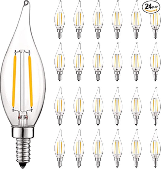 LUXRITE 4W Vintage Candelabra LED Bulbs Dimmable, 400 Lumens, 4000K Cool White, LED Chandelier Light Bulbs 40W Equivalent, Flame Clear Glass, Filament Candle Bulb, UL Listed, E12 Base (24 Pack)