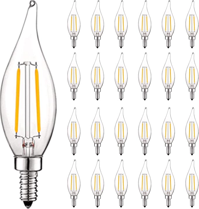 LUXRITE 4W Vintage Candelabra LED Bulbs Dimmable, 400 Lumens, 3000K Soft White, Chandelier Light Bulbs 40W Equivalent, Flame Clear Glass, Filament Candle Bulb, UL Listed, E12 Base (24 Pack)