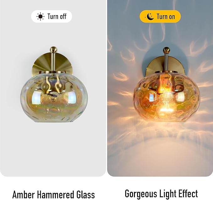7" Glass Shade Replacement for E26 Pendant Lights, Champagne Hammered Globe Lampshade for Wall Sconce, Dia 7", Height 5", Fitter 1.65" (Amber - 1 pc)