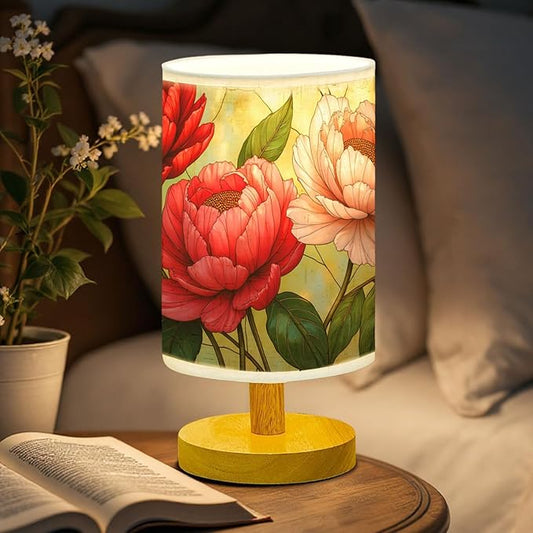 Peonies Table Lamp LED 3-Color Pressed Bedside, Peonies Shade Lamp with Wood Base for Bedroom Living Room Desk Office