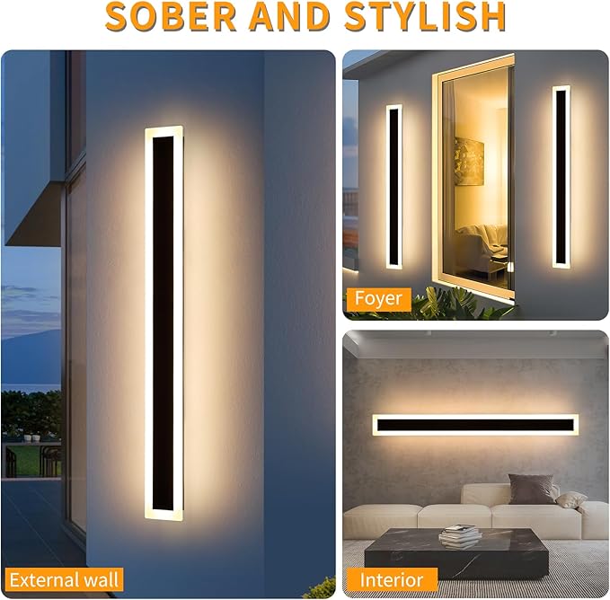 Mikeru 2Pack 57inch Modern Outdoor Exterior Wall Light, 3000k/4500k/6000k 3 Colors Switchable Large Outdoor Fixture Wall Mount, Ip65 Waterproof Modern Long Porch Light, Hardwired (Width: 5.5inch)