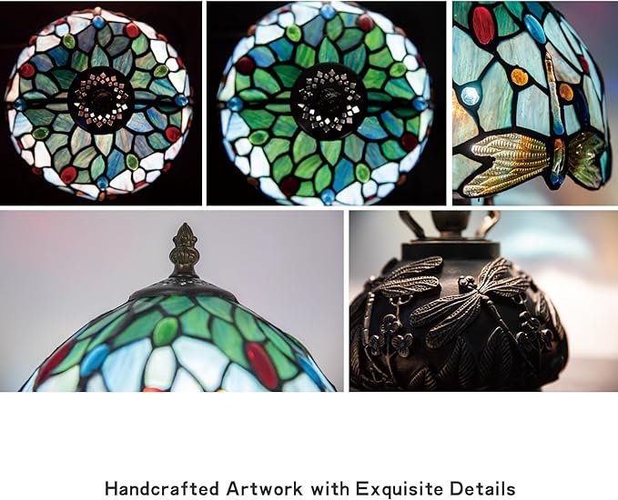 Tiffany Style Stained Glass Mushroom Bedside Table Lamp 8-inch Green Blue Dragonfly Beautiful Shade Nightstand Light for Bedroom Dorm Living Hallway Coffee Table Home Office Housewarming Gift