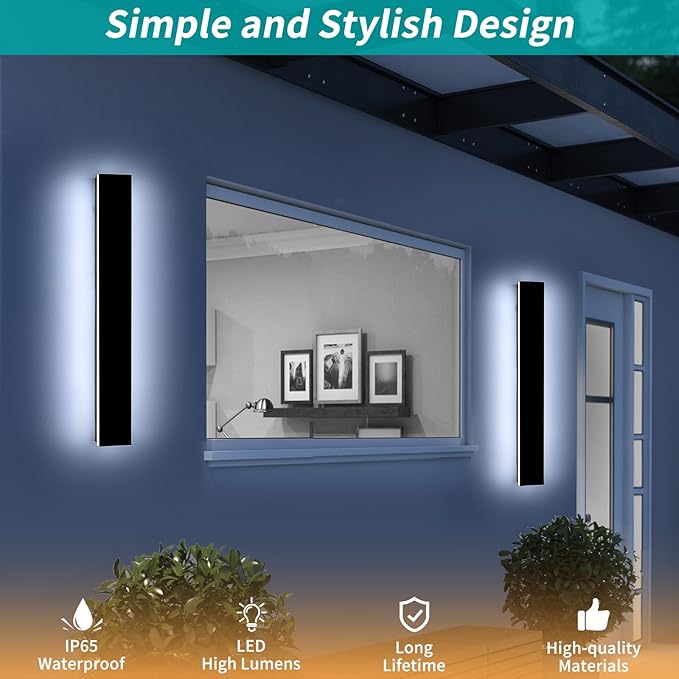 Mikeru 23.6" 2Pack Outdoor Wall Sconce 6000K Cool White - IP65 Waterproof Black Exterior Light, Hardwired Wall Mounted Fixture for Porch, Patio & Entryway | Non-Dimmable Weatherproof Design