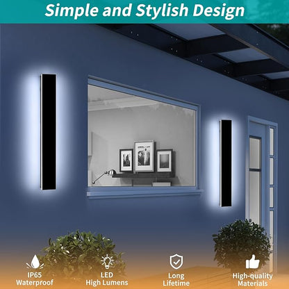 Mikeru 23.6" 2Pack Outdoor Wall Sconce 6000K Cool White - IP65 Waterproof Black Exterior Light, Hardwired Wall Mounted Fixture for Porch, Patio & Entryway | Non-Dimmable Weatherproof Design