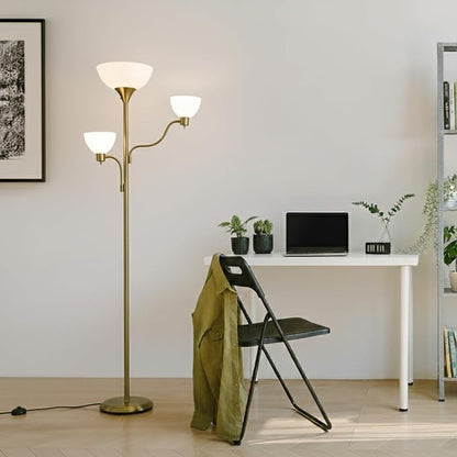 Brightech Sky Dome Double LED Floor lamp, Torchiere Super Bright Floor Lamp with 2 Reading Lamps for Living Rooms & Offices - Dimmable Tall Standing Lamp for Bedroom Reading - Tall Brass Pole