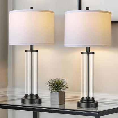 QiMH Touch Control Table Lamps Set of 2 with USB Ports, 3-Way Dimmable Bedside Lamp for Living Room Bedroom House, Modern Nightstand Lamp with 2 LED Bulbs(Black)