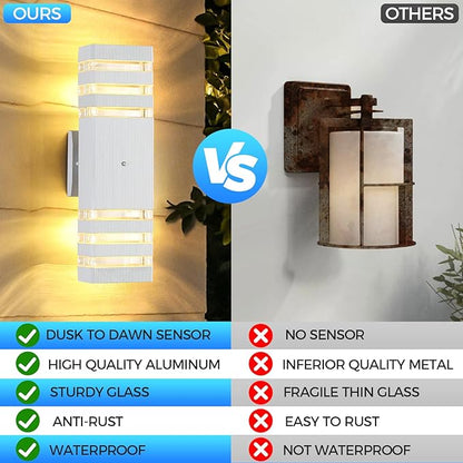 Dusk to Dawn Outdoor Wall Lights Modern Exterior Lighting Fixtures, 2 Pack White Outside Lights for House, Up and Down Porch Lights Outdoor Waterproof Sconces Wall Lighting for Garage Patio
