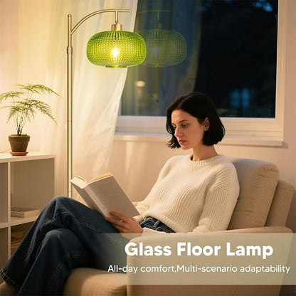 Modern Floor Lamp for Living Room, Mid Century Tall Standing Lamp Green Glass Lamp Shape, Dimmable Gold Tall Pole Lamp for Bedroom Office with Remote, 1 x 12W LED Edison Bulbs Included