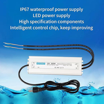 LED Driver 12V250W Waterproof Power Supply IP67 AC90-130V to DC 12V20.8A Converter Switching Power Supply Suitable for Indoor Outdoor LED Light Strip and Any 12V DC High-End Devices