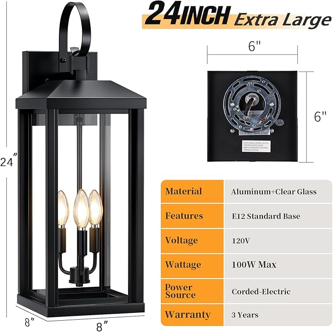 24Inch Extra Large Outdoor Wall Light 3-Light, Waterproof Black Exterior Lighting Fixtures Outdoor Porch Lighting Wall Mount, Modern Exterior Wall Sconce Outside Coach Light for Garage House, 1Pack