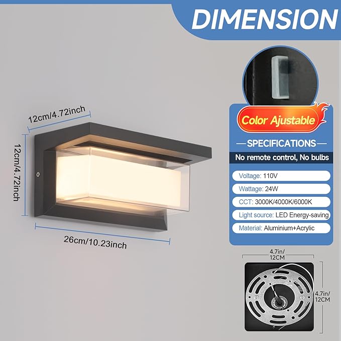 24W LED Outdoor Wall Lights Exterior/Interior Adjustable 3-Color Sconces Lights 2100LM IP65 Waterproof Modern Outdoor Lighting Fixtures Aluminum Wall Lights Compatible with Dimmers