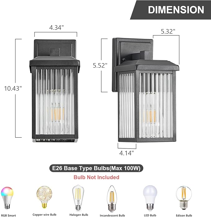 Refice 2-Pack Outdoor Wall Light Fixtures,Waterproof Outdoor Wall Lantern,Wall Mount Exterior Porch Lights, Textured Glass Outside Lights for Patio, Garage, Doorway, Front Door, Black