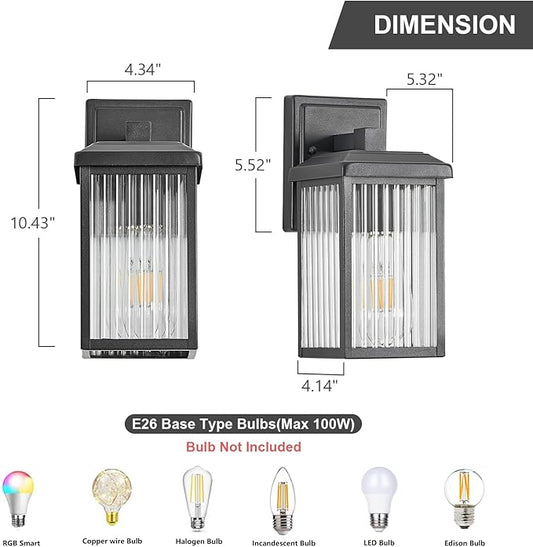Refice 2-Pack Outdoor Wall Light Fixtures,Waterproof Outdoor Wall Lantern,Wall Mount Exterior Porch Lights, Textured Glass Outside Lights for Patio, Garage, Doorway, Front Door, Black