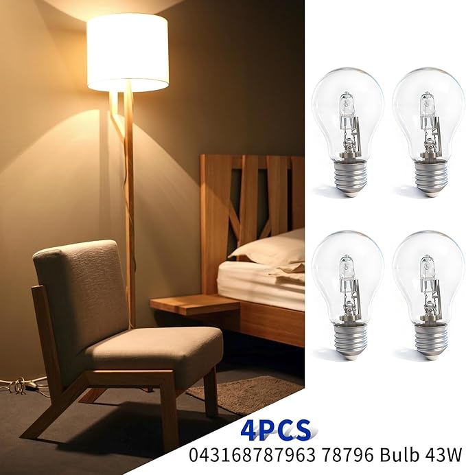 043168787963 78796 Halogen Light Bulb for A19 Types 43 Watt 120V 60 Watt Replacement E26 Thread for Table Lamps 4PCS