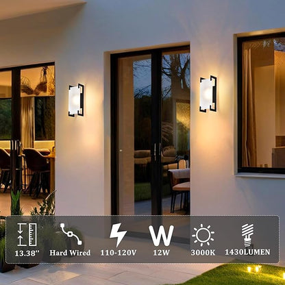 Alighting Modern Black LED Outdoor Wall Sconce – Waterproof Exterior Lighting Fixture with Rippled Glass, 12W 3000K Warm White Outdoor Porch Light for House, Garage, Patio, Garden