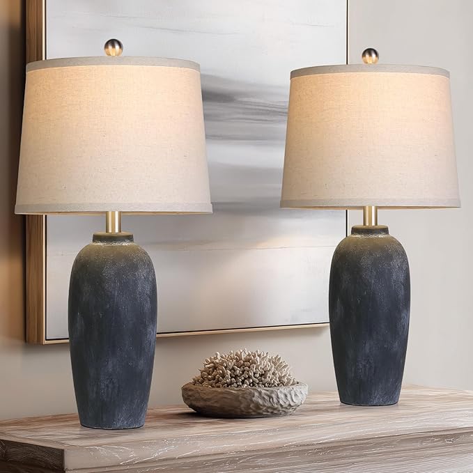 25“ Jar Table Lamps Set of 2, Ceramic Bedside Lamps for Bedroom, Black Farmhouse Nightstand Lamps for Living Room