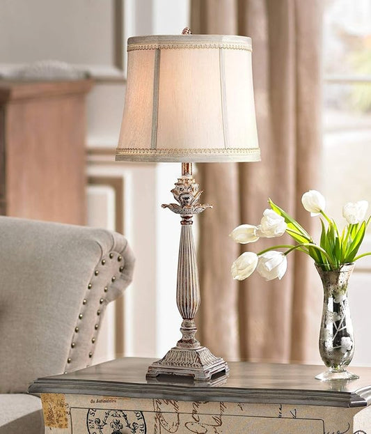 Regency Hill Shabby Chic French Country Cottage Table Lamp 28" Tall Antique White Washed Petite Artichoke Font Beige Fabric Bell Shade for Living Room Bedroom House Bedside Nightstand Home