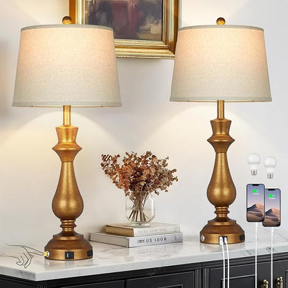Retro Gold Table Lamps Set of 2 for Living Room,30" Tall Bedside Lamp with USB Charging Port,3-Way Dimmable Touch Nightstand Lamp for Bedroom Desk Side Table Office,Copper Gold