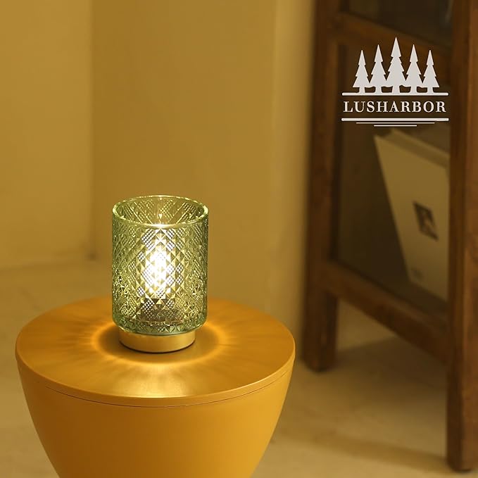 Battery Operated Lamp with Timer, Small Table Lamp for Shelf Decor, Glass Cordless Lamps Bedside Cozy Light for Living Room/Coffee Table/Entryway Diamond Design-Green