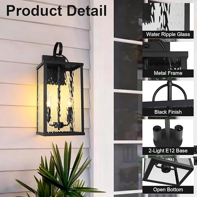 Outdoor Wall Light Fixture, 2-Light Modern Black Exterior Wall Lantern with Water Ripple Glass, Matte Rustic Waterproof Wall Sconce for Porch, Garage, Yard, Front Door, Patio, Garden