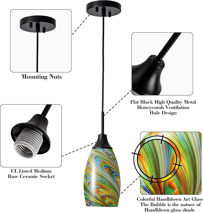 Mini Glass Pendant Light 4.72" Colorful Pattern Oval Pendant Lights 1-Pack Handblown Art Glass Hanging Pendant Light for Kitchen Island Dining Room Living Hallway Matte Black Metal
