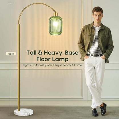 COTTHOS Floor Lamp for Living Room, Modern Gold Lamp with Ribbed Glass Lampshade Marble Base, 68” Glass Tall Lamp with Remote Control and Pedal Switch for Bedroom (6000K LED Bulb Included)