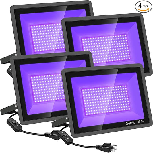4 Pack 240W LED Black Light,Black Flood Light Outdoor with Plug and Switch, IP66 Waterproof Blacklight Flood Light Neon Glow for Glow Party, Halloween, Fluorescent Poster, Body Paint, Aquarium