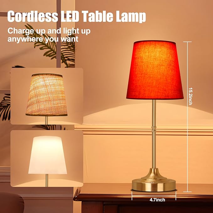 Portable Cordless Table Lamp 5200mAh Rechargeable Battery Powered Lighting, Three Color Dimmable Light, Fabric Shade Desk Lamp for Dining Room, Bedroom, Bedside, Bar, Night Light, Balcony