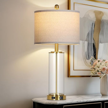 26 Inch Gold Glass Table Lamp Single, 3-Way Dimmable Touch Lamp for Living Room, Modern Bedroom Lamp with USB C+A Ports & Outlet, Classic Bedside Brass Lamp for Nightstand Side End Table Decoration