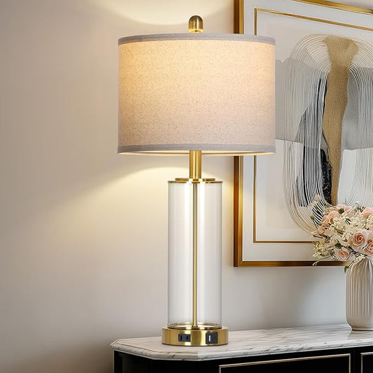 26 Inch Gold Glass Table Lamp Single, 3-Way Dimmable Touch Lamp for Living Room, Modern Bedroom Lamp with USB C+A Ports & Outlet, Classic Bedside Brass Lamp for Nightstand Side End Table Decoration