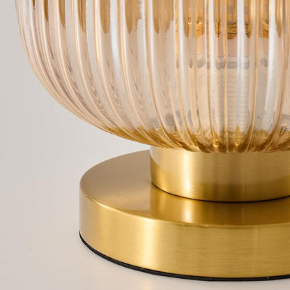 Mid Century Globe Table Lamp: Amber Vintage Pumpkin Ribbed Glass Dimmable Plug in Bedside Lamps - Cute Brass Gold Modern Side Table Lamp Nightstand Light for Bedroom Entryway Office Desk Living Room