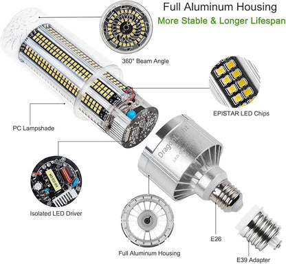 DragonLight 100W Commercial Grade Corn LED Light Bulb(700 Watt Equivalent) E26/E39 Large Mogul Base LED Lamp 3000K Warm White 12,000LM for High Bay Area Lighting