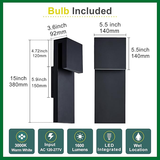 Modern Porch Lights with 2 Pack,Outdoor Indoor Integrated LED Wall Lights,2-Light Total 17W,3000K, Textured Black Finish,Outside Lights Waterproof for House Front Door Patio Garage