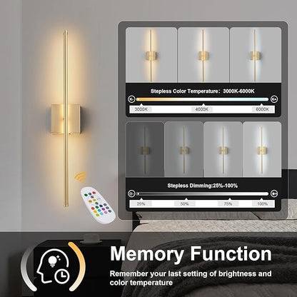 28.3 Inch 9 RGB Color Battery Operated Wireless Wall Sconces Set of Two, with Remote, Dimmable, Warm/Natural White/Daylight, Rotatable, LED Wall Light for Living Room, Bedroom, Gold