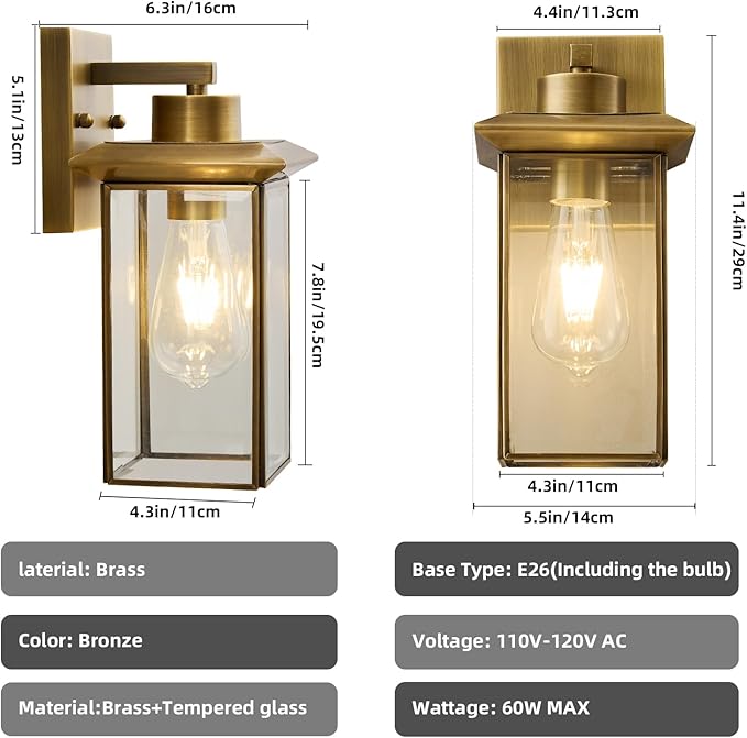 Brass Outdoor Wall Light Fixtures, Exterior Waterproof Lanterns, Porch Wall-Mounted Lights with E26 Socket and Glass Shade – Modern Rustproof Wall Sconces for Yard, Front Door & Entryway.2-Pack