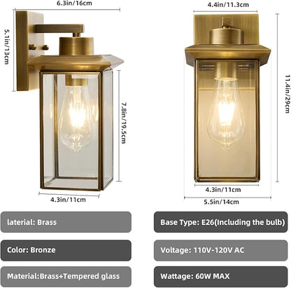 Brass Outdoor Wall Light Fixtures, Exterior Waterproof Lanterns, Porch Wall-Mounted Lights with E26 Socket and Glass Shade – Modern Rustproof Wall Sconces for Yard, Front Door & Entryway.2-Pack