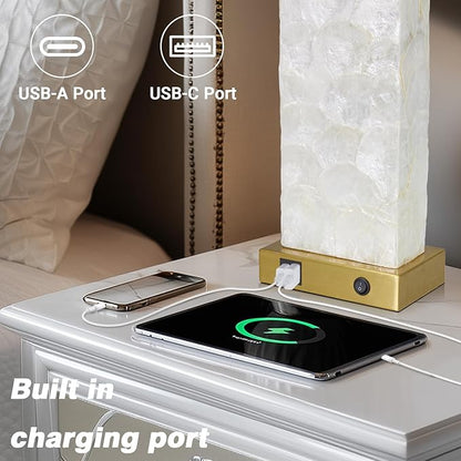 28" Coastal Table Lamps for Living Room Set of 2, Bedside Lamps with Night Light, USB A+C Ports, Modern Sea Shell Bedside Night Stands Light for Beachy Cottage Decor (Gold)